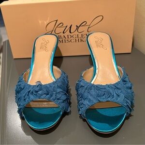 Jewel by Badgley Mischka Scarlet teal satin kitten heel slide sandal